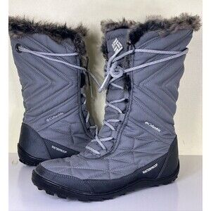 Columbia Omni-Grip Waterproof Quilted Boots Faux Fur Lace Up Gray Size 7